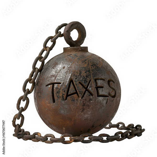 Fototapeta Heavy rusty ball and chain with the word taxes carved into it, isolated on transparent background