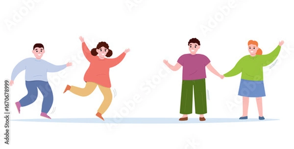 Fototapeta Cheerful children play, make friends, run towards each other. Vector flat graphics.