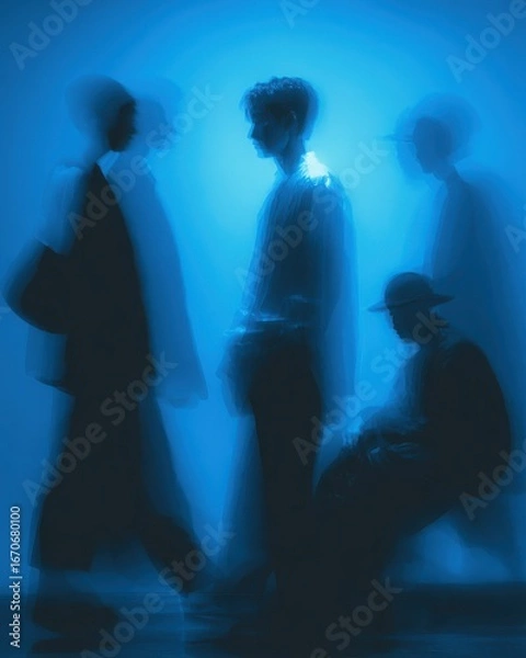 Fototapeta Dreamlike Blue Hues: Evocative Panning Photography of Asian Men in Motion and Repose, Capturing Human Connection, Individuality, and Atmospheric Storytelling