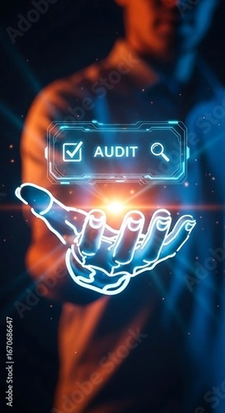Fototapeta Professional Audit Concept With Glowing Hand And Digital Interface, Business Assurance.