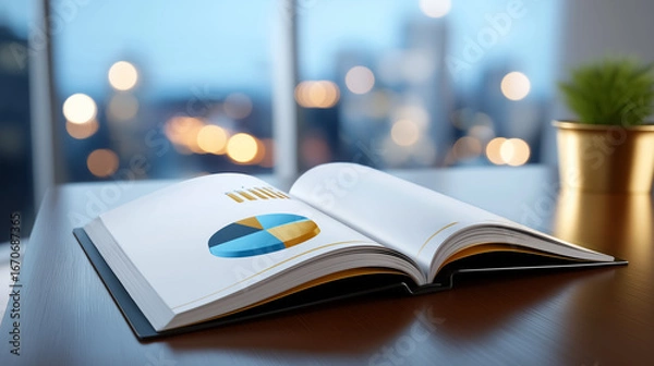 Fototapeta Stack of annual review booklets opened to display colorful charts and graphs. Soft glow from city lights visible through window. Concept of business analysis, corporate reporting, financial overview