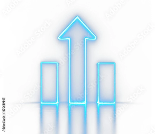 Fototapeta Shining neon upward arrow with glowing bars representing progress momentum and positive results in futuristic business growth and digital financial performance visualization
