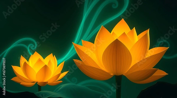 Fototapeta Two luminous lotus flowers in full bloom, radiating a warm, golden light against a swirling green backdrop, evoking a sense of tranquility and spiritual harmony