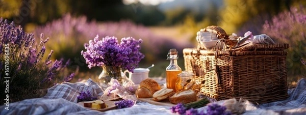 Obraz Summer picnic with wine and cheese in the lavender field, outdoors, sunset light, Generative AI, nature