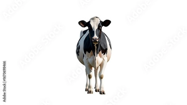 Fototapeta Front view of a black and white cow isolated on white background