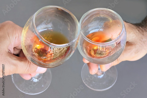 Fototapeta Two male friends celebrating success with a toast, clinking elegant glasses of golden cognac or brandy. A close-up top-down view captures the moment of friendship and shared enjoyment over drinks