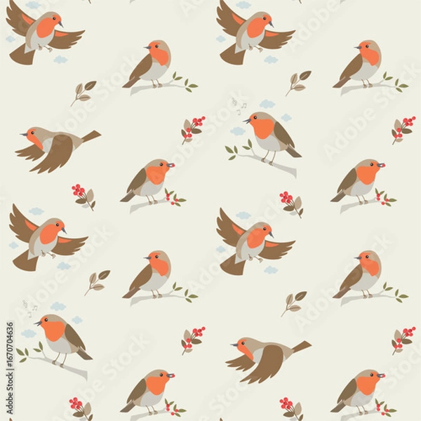 Obraz European Robin bird, leaves and seeds seamless pattern