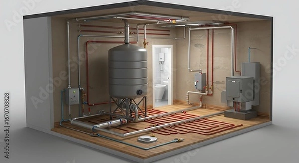 Fototapeta Discover efficient home heating systems with detailed plumbing and boiler schematics for modern living.