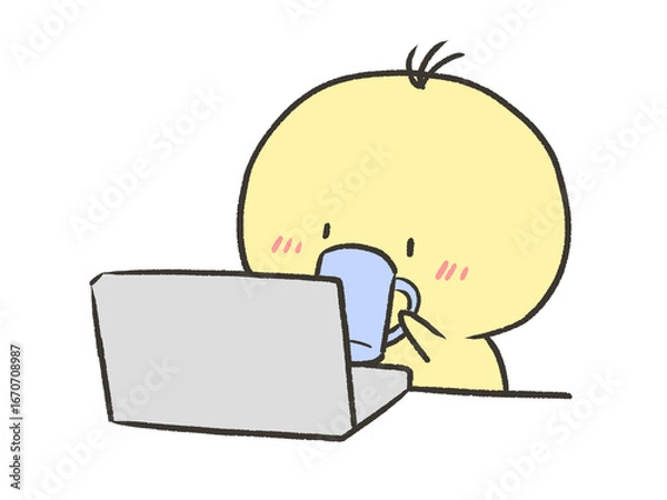 Fototapeta 飲み物飲みながらパソコン作業するヒヨコ