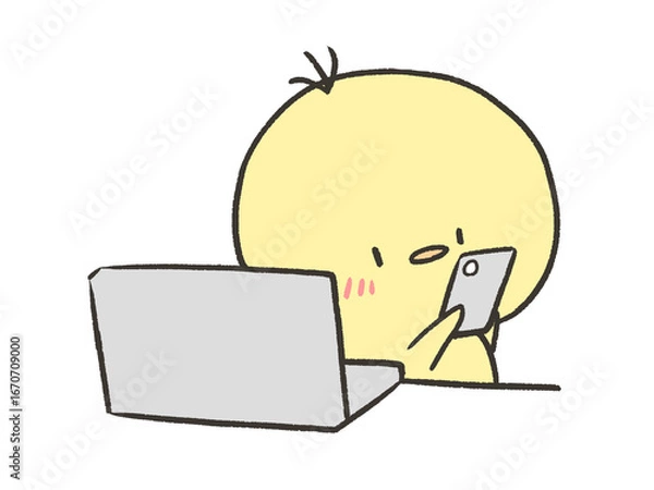 Fototapeta スマホを触りながらパソコン作業するヒヨコ