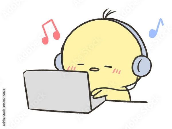 Fototapeta 楽しくパソコン作業するヒヨコ