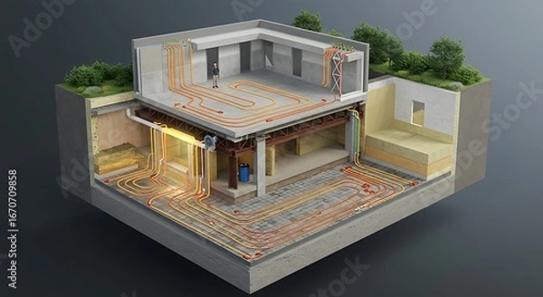 Fototapeta Discover modern sustainable building design with efficient underfloor heating systems for optimal comfort