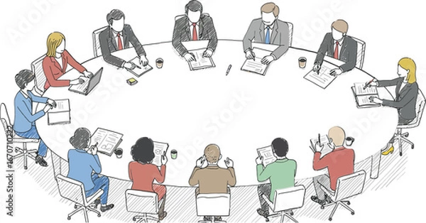 Fototapeta Group of business people sitting around round table having meeting and discussion vector illustration