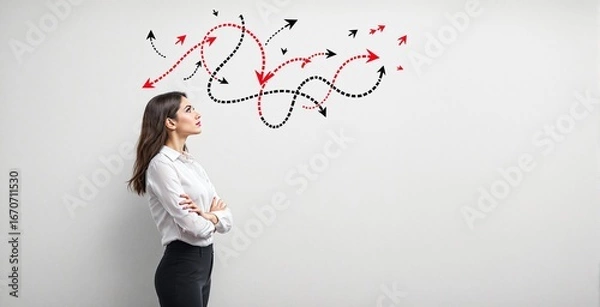 Fototapeta Businesswoman thinking of strategic direction with arrows representing complex decision-making concept on plain background. Ai generative. Ai generative