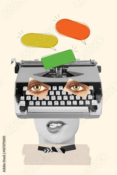 Fototapeta Collage of a woman biting her lip with a typewriter on the head with colored speech bubbles on a beige background