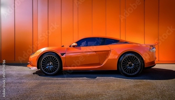 Fototapeta a sleek orange sports car parked against a vibrant wall epitomizing speed and modern luxury in automotive design photography