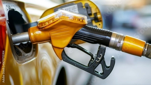 Fototapeta Dynamic pouring of bright fuel from a gas pump nozzle urban gas station close-up photography daylight setting focused perspective