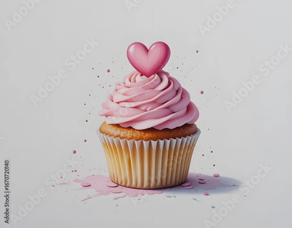 Obraz Cupcake with pink frosting topped with a heart decoration on a light background.