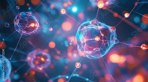Fototapeta Exploring a glowing digital network of interconnected cells in a virtual environment a futuristic visualization concept