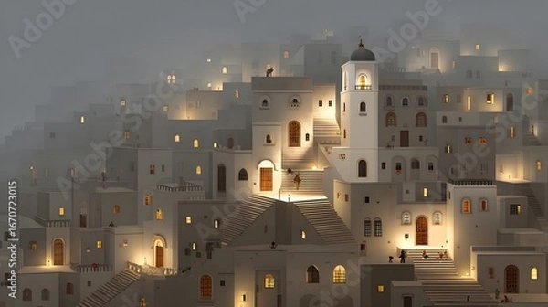 Fototapeta A city nestled within a misty evening, showcasing intricate architecture and warm, inviting light.