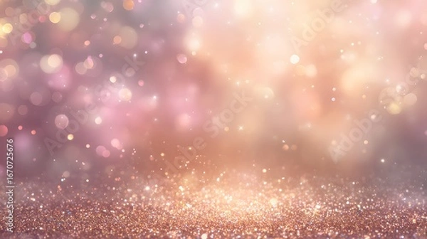 Fototapeta A captivating backdrop featuring a soft blend of warm rose gold and rosy pink hues, accentuated by shimmering glitter and a dreamy bokeh effect.
