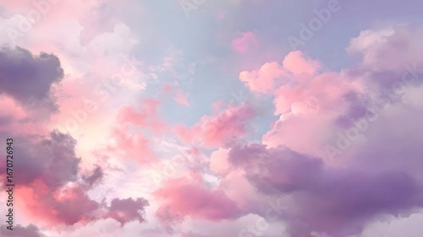 Fototapeta A pastel dream of pink and purple clouds against a soft, ethereal sky, showcasing a beautiful and delicate color palette.