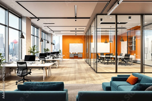 Fototapeta Modern open-plan office interior design with glass meeting rooms, orange accent walls, and contemporary workspace furniture in a cityscape background. Ai generative