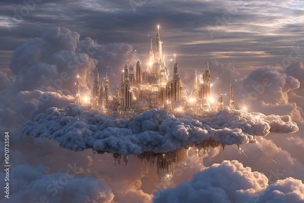 Fototapeta Stunning golden city floating in the clouds with radiant light and celestial atmosphere, a dreamlike vision