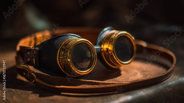 Fototapeta Steampunk goggles on leather surface, brass and glass shining, moody atmosphere, fine art photo style