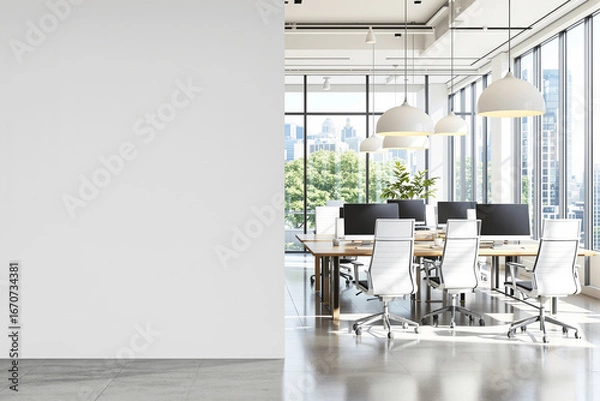Fototapeta Modern office interior with white wall mockup and copy space beside open workspace with computers and natural lighting from large windows. Ai generative