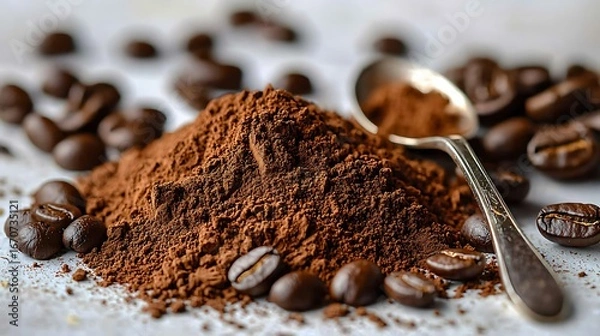 Fototapeta Close up photo of freshly ground coffee powder with roasted coffee beans