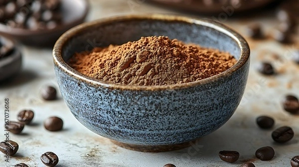Fototapeta Close up photo of ground cocoa powder in a blue ceramic bowl with coffee beans.
