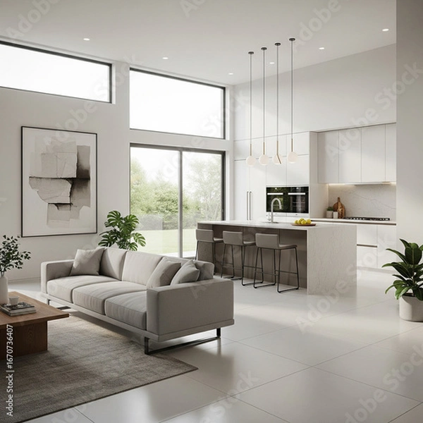 Fototapeta A modern minimalist home interior design with clean lines, sleek furniture, and neutral color palette, featuring an open-concept living space connected to a spacious kitchen, bathed in natural light	
