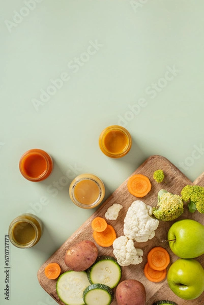 Fototapeta Flat lay of fresh vegetables, fruits, and colorful purees in jars on pastel green background with wooden board