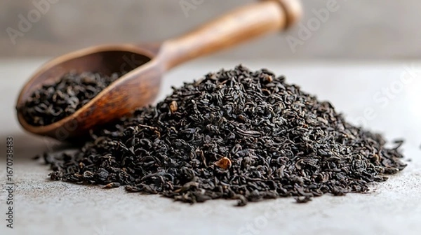 Fototapeta Close up photo of loose leaf black tea with wooden scoop on surface