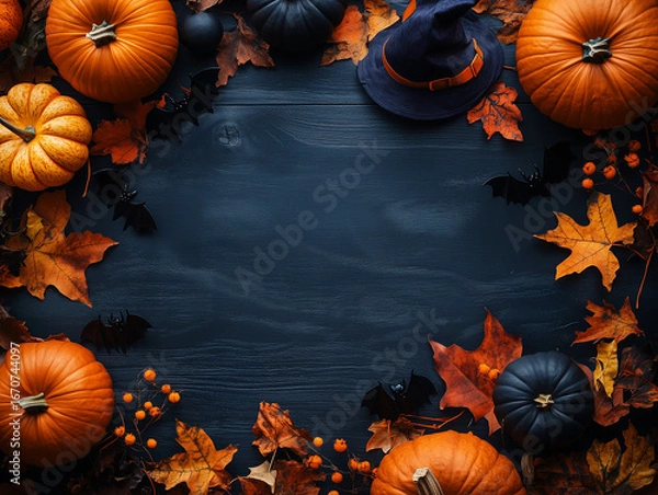 Obraz halloween background with pumpkins and fall leaves with empty middle for text 