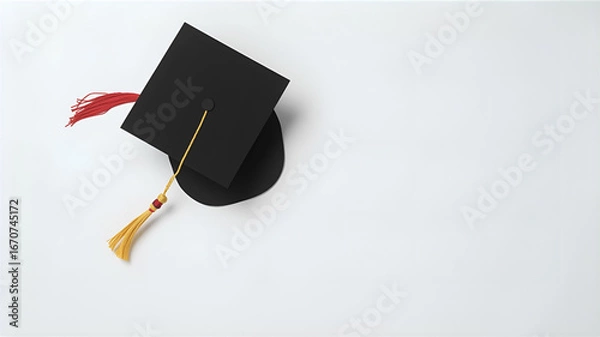Fototapeta Blank Flat Lay Graduation Cap and Diploma Mockup on Desk, Indoor Solid Wall Background