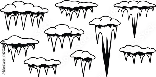 Fototapeta Collection of hand drawn icicles hanging from snow covered clouds