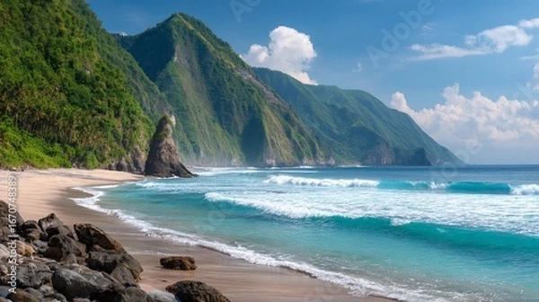 Fototapeta Scenic Coastal Beach with Green Cliffs and Blue Ocean Under Clear Sky
