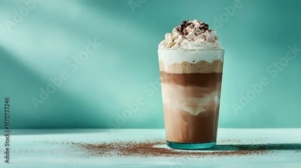 Fototapeta A refreshing layered iced coffee drink, topped with whipped cream and cocoa powder, sits in a glass against a teal backdrop.
