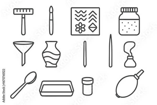 Fototapeta Sand Art Tools Icons. Line style icons of sand art tools: sand drawing rake, fine detail brush, pattern stencil sheet, colored