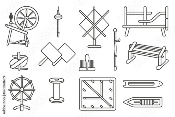 Fototapeta Antique Textile Tools Icons. Line style icons of antique textile tools: spinning wheel, drop spindle, yarn swift, niddy noddy,