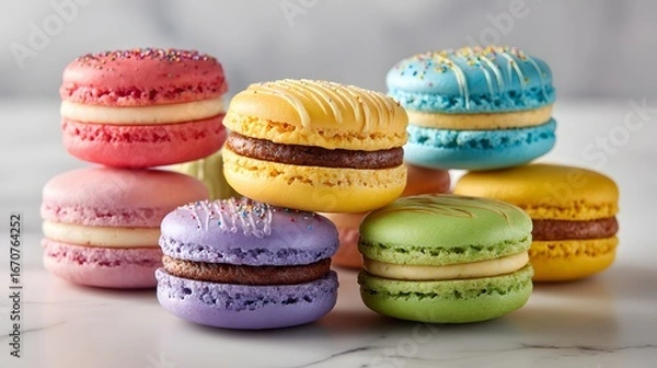 Fototapeta A vibrant array of colorful macarons, stacked high, showcasing a delightful array of pastel hues and decorative details.