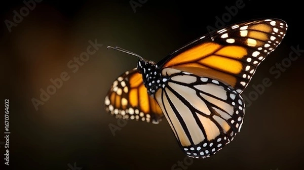 Fototapeta A monarch butterfly, wings elegantly displayed against a dark, out-of-focus backdrop, showcases intricate patterns of orange, white, and black.