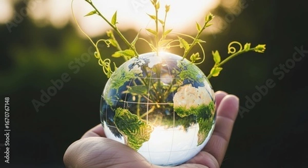 Fototapeta Cradling a Luminous Earth Globe as Green Vines Sprout Towards the Sun