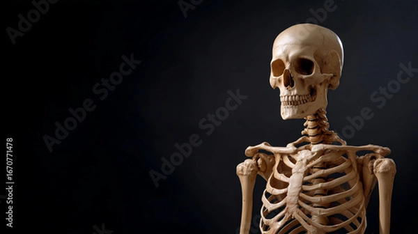 Obraz A human skeleton on a dark background symbolizing death, Halloween skeleton, spooky decor, death theme, eerie ambiance, horror aesthetic