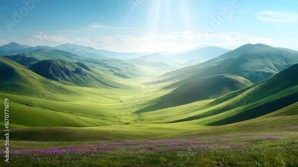 Fototapeta Lush green valleys wind through rolling hills under a vibrant sky, illuminated by sunlight.