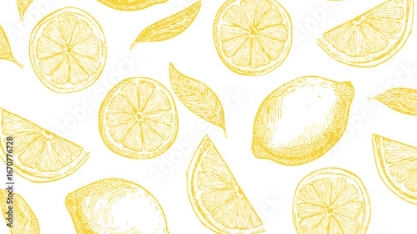 Fototapeta Style yellow pattern on white background, food wallpaper. Vintage drawing cut lemon sketch pattern. 