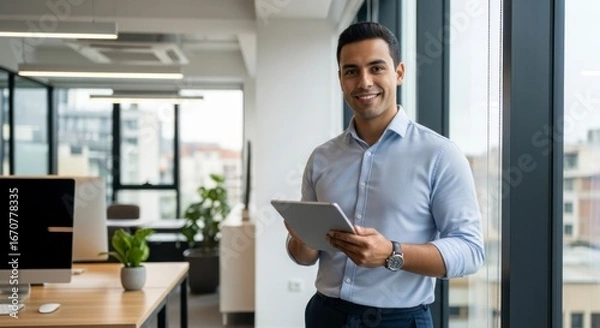 Fototapeta Confident Businessman with Tablet Smiling by a Large Window in a Modern Office.