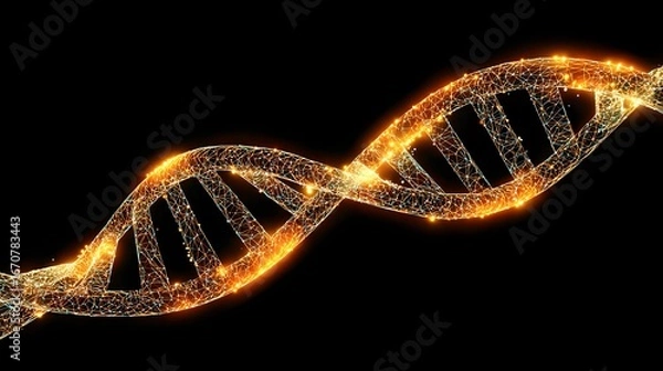 Fototapeta A detailed representation of a DNA helix, showcasing a network of interconnected points emitting a warm, golden light against a dark background.